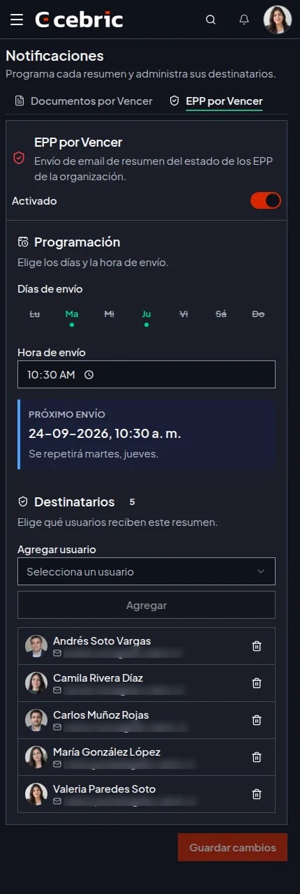 PPE notification settings on mobile in dark theme