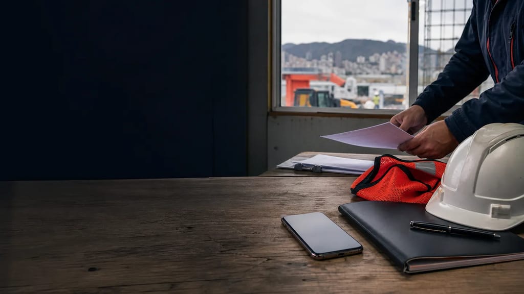 Site office with a phone, safety equipment and a small amount of paperwork on a table
