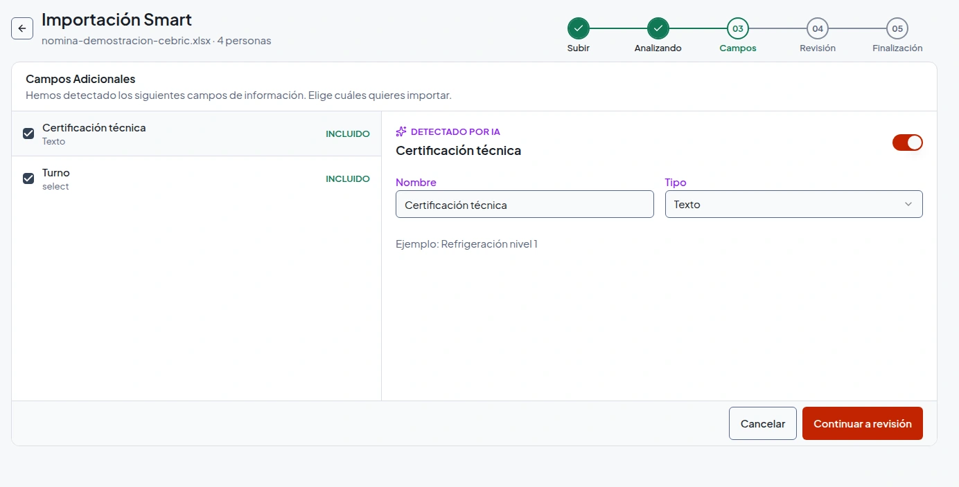 Importación Smart reconoce trabajadores y los campos Certificación técnica y Turno desde una nómina