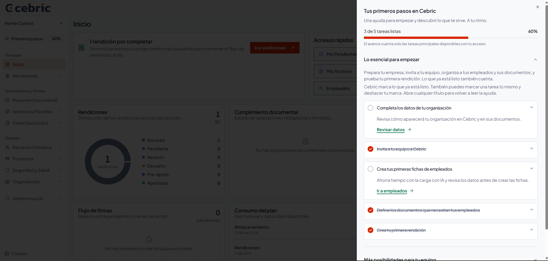 Real cebric First Steps screen showing setup tasks and demo data