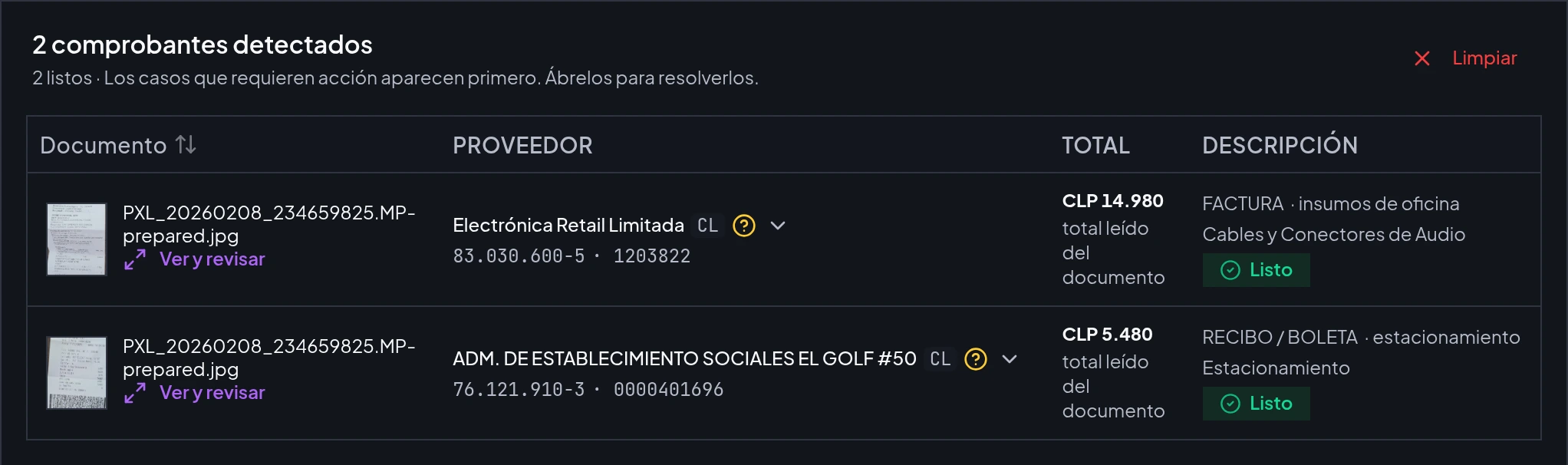 Resultados reales de Cebric con dos comprobantes y totales de CLP 14.980 y CLP 5.480; proveedor, RUT y fecha corregidos durante la revisión