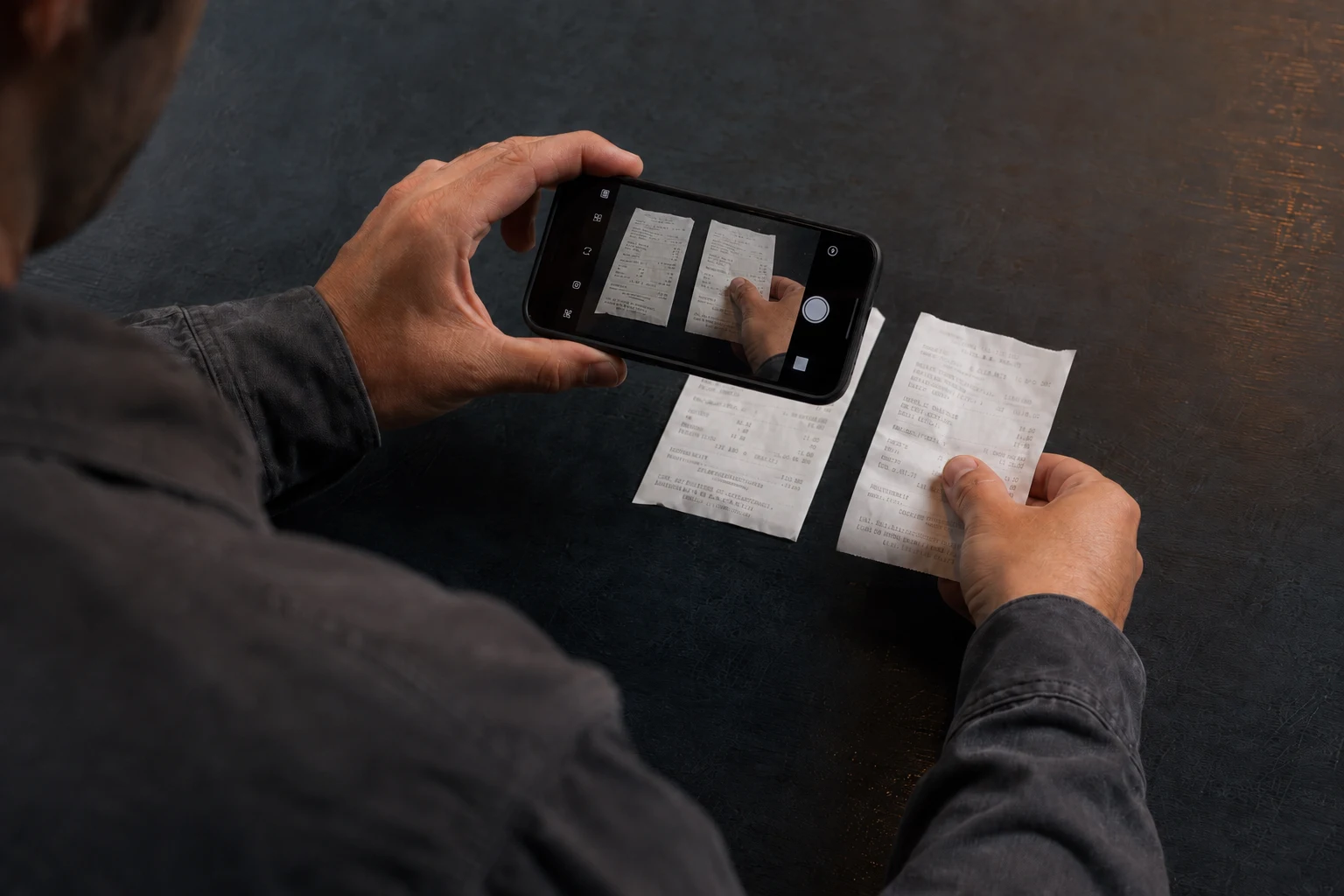 Escena ilustrativa de una persona fotografiando boletas con el celular sobre una mesa de trabajo