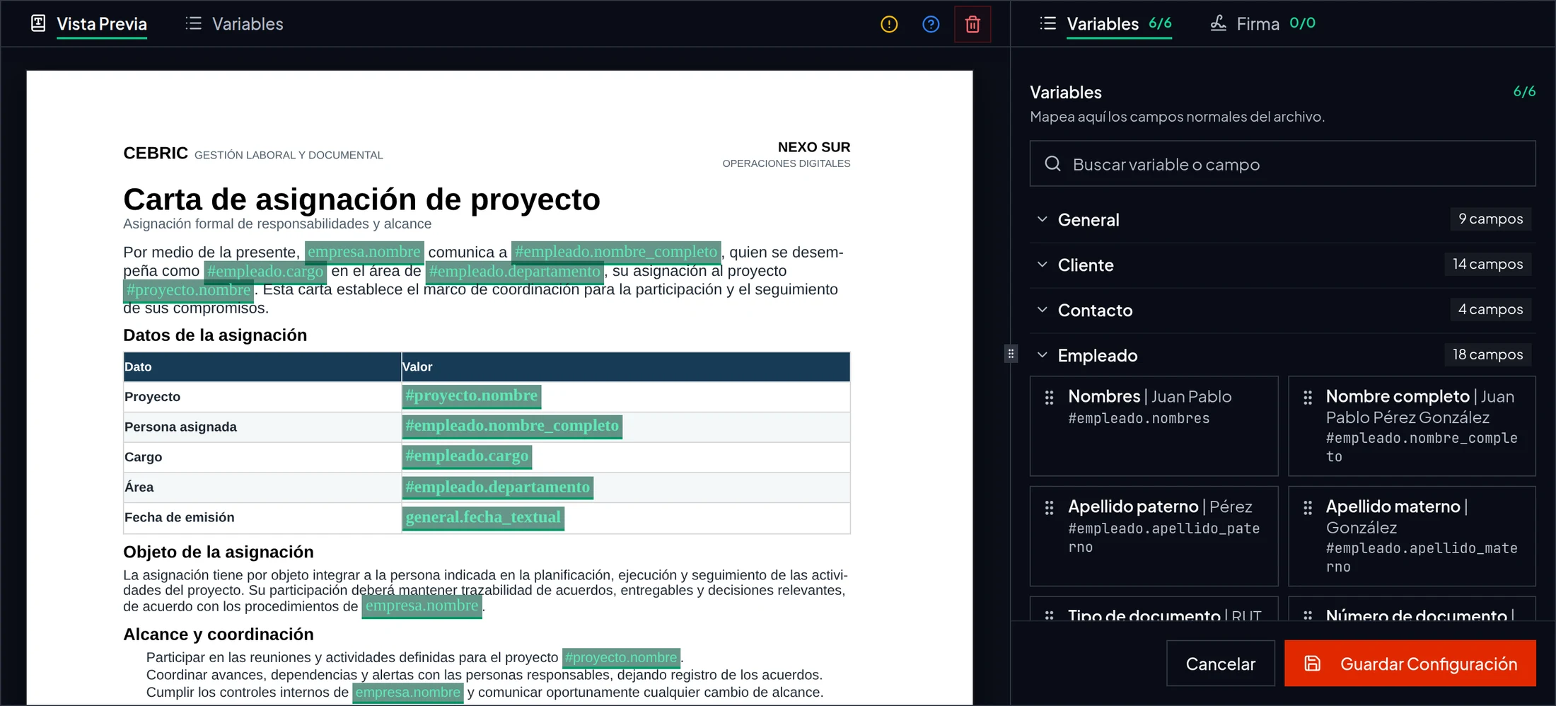 Editor real de una plantilla Word con carta de asignación de proyecto y seis campos vinculados
